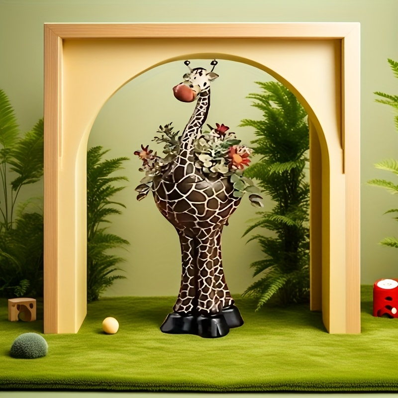 Giraffe-Shaped Decorative Planter with Pictured Long-Neck Body, Open Back Pot and Dark Base