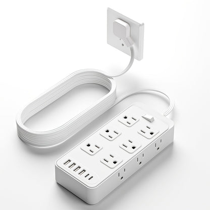 Power Strip Flat Plug 18-in-1 Surge Protector with 12 AC Outlets, 4 USB-A, 2 USB-C and 5- or 10-Foot Cord