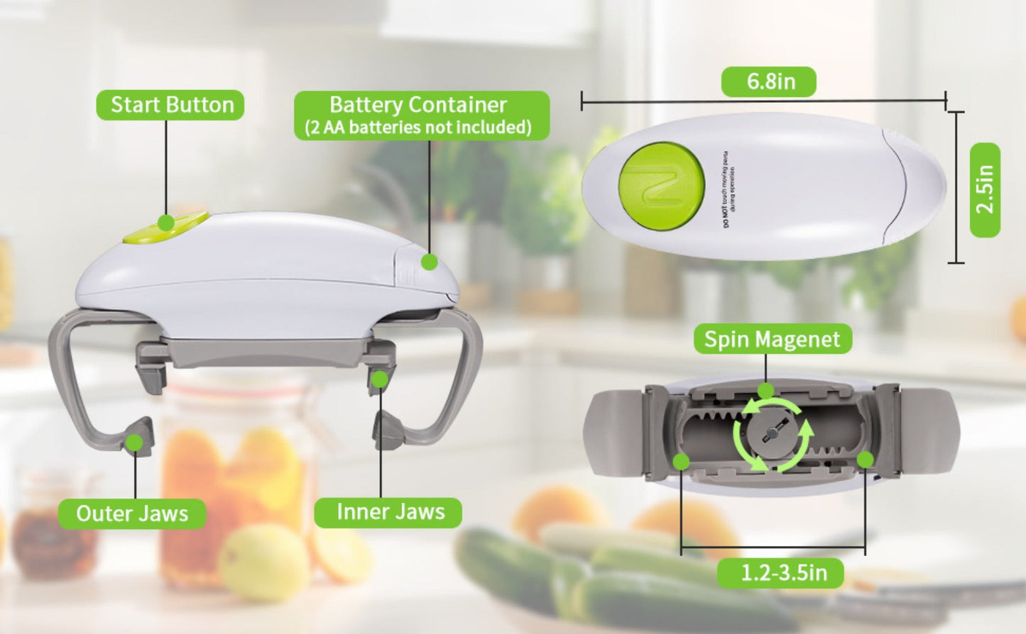 RoboTwist-Style Battery Jar Opener with One-Touch Control, Adjustable Jaws and Two Button Colors