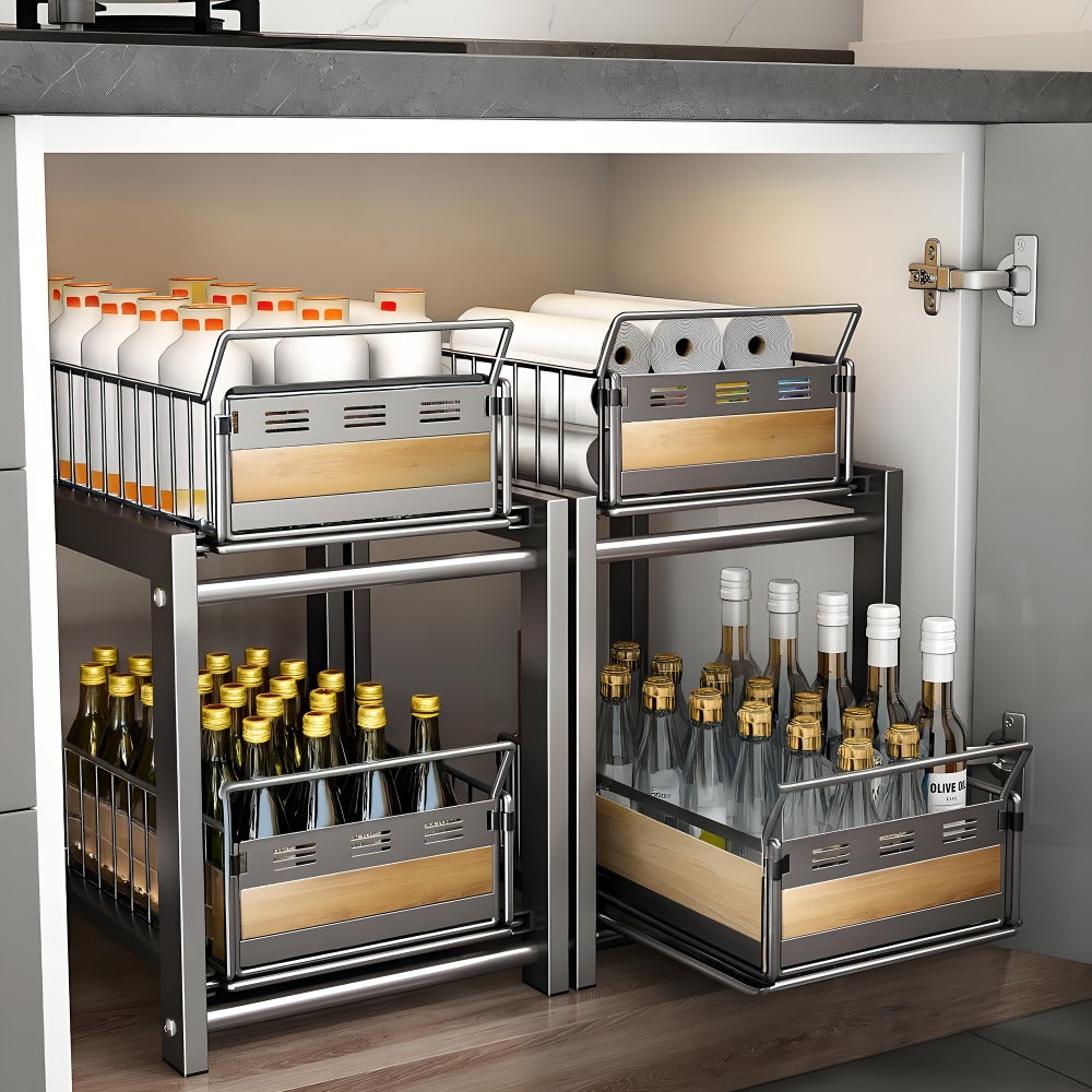 Two-Tier Pull-Out Cabinet Organizer with Dual Wire Baskets, 17.71 x 13.98 x 10.24 Inch Frame in Black or White