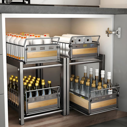 Two-Tier Pull-Out Cabinet Organizer with Dual Wire Baskets, 17.71 x 13.98 x 10.24 Inch Frame in Black or White