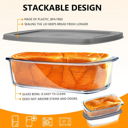 Glass Loaf Pan Set with Lids, 4pcs Stackable 1.9 QT Bread Baking Dish with Airtight Lid, Oven Microwave Dishwasher Safe Glass Food Storage Container for Bread, Cake, Meal Prep