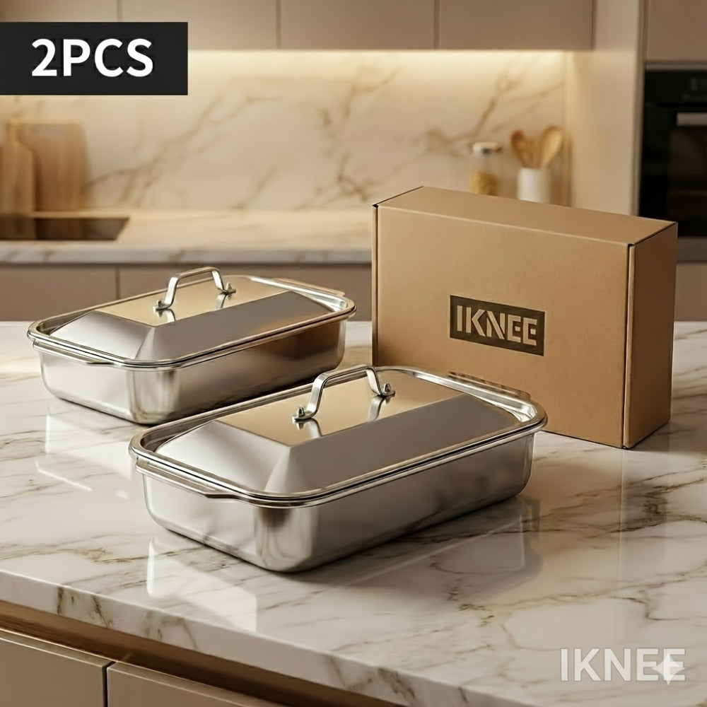 Stainless Steel Baking Pan Set 4-Piece – 2 Deep Roasting Pans & 2 Lidded Pans with Handles, 6-Liter Large Capacity 16.14" Rectangular Baking Pans for Lasagna, Fish, Chicken & Roasting – Dishwasher Safe