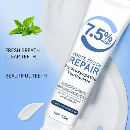 Six-Pack 120g Mint Toothpaste Tubes with 7.5% Hydroxyapatite and SP-8 Probiotics Package Labels