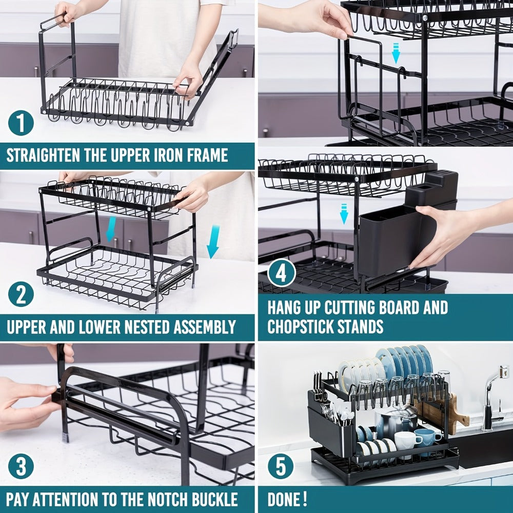 2-Layer Dish Drying Rack Kitchen Countertop Organizer - Dish Drain Rack with Knife Holder, Cup Rack & Cutlery Holder for Bowls, Chopsticks & Utensils, Black Assembled Dish Drainer