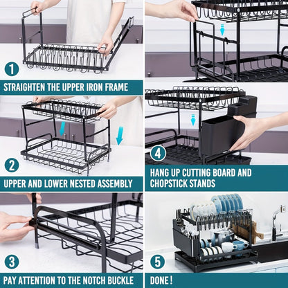 2-Layer Dish Drying Rack Kitchen Countertop Organizer - Dish Drain Rack with Knife Holder, Cup Rack & Cutlery Holder for Bowls, Chopsticks & Utensils, Black Assembled Dish Drainer