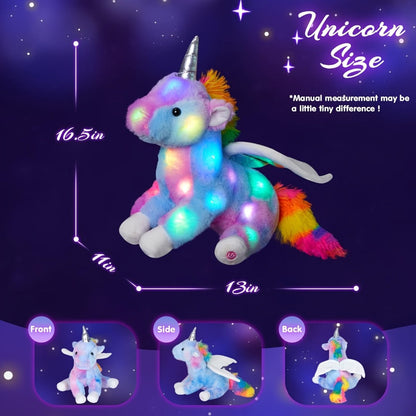 Plush Toy Rainbow Unicorn with LED Glow and Choice of Music or No-Music Light-Up choices for Bedtime
