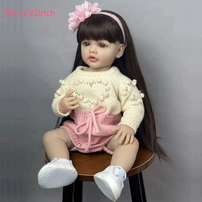 Reborn Baby Doll 22-Inch Full Vinyl Seated Design with Long Dark Wig Hair, Acrylic Eyes and Outfit Set
