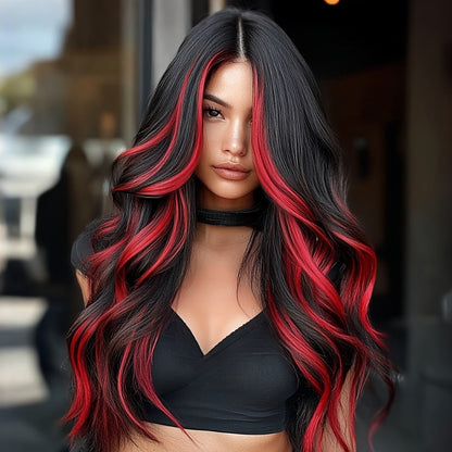 Synthetic Wig 24-Inch Straight Style with Red Highlights, A-Shape Bangs and Adjustable Rose Net Cap