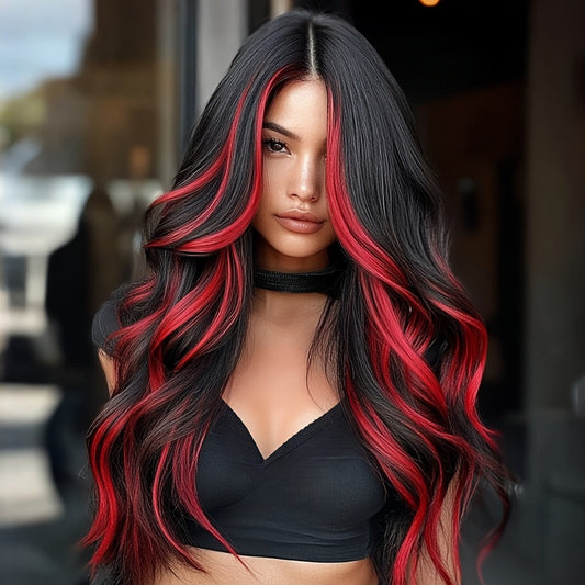 Long Straight Wig with Bangs for Women 24 Inch Red Highlights A-Shape Bangs Synthetic — Heat Resistant Rose Net Cap for Daily Wear Party Cosplay Flowing Hair