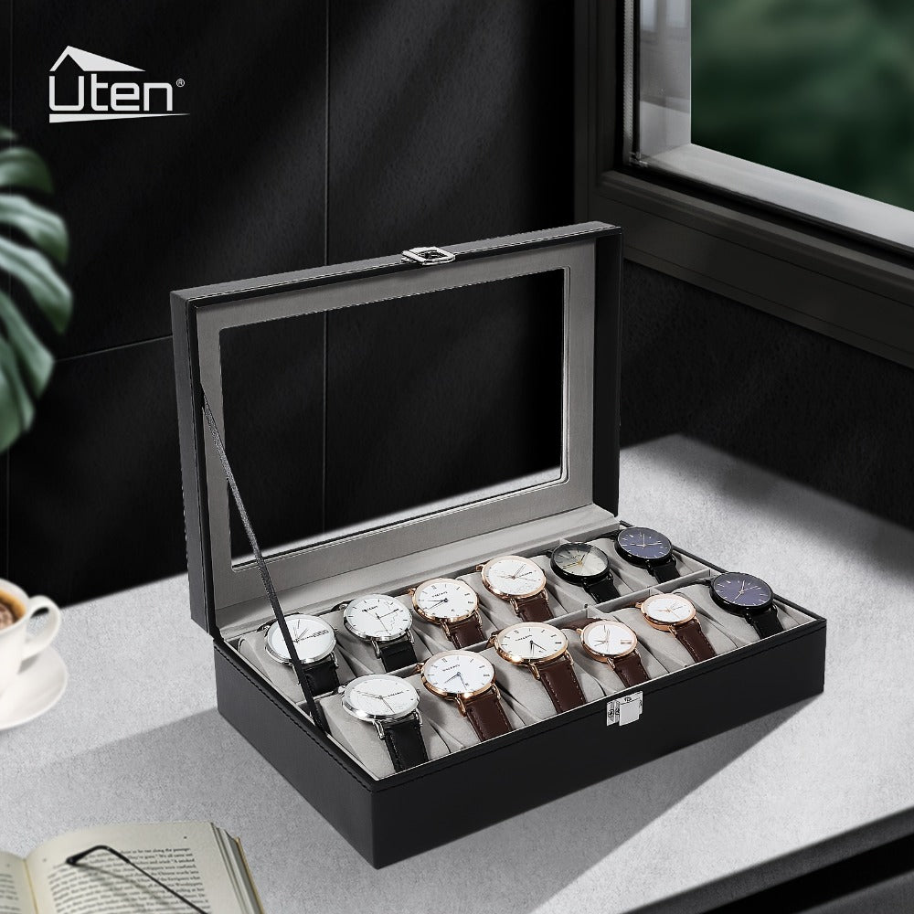 Black and Gray 12-Slot Watch Box with Glass Display Lid, Removable Pillows and Metal Clasp