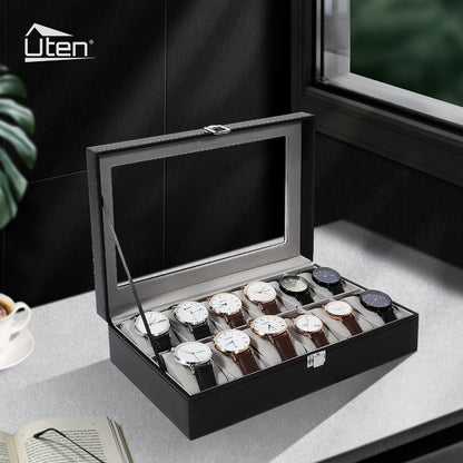 Black and Gray 12-Slot Watch Box with Glass Display Lid, Removable Pillows and Metal Clasp