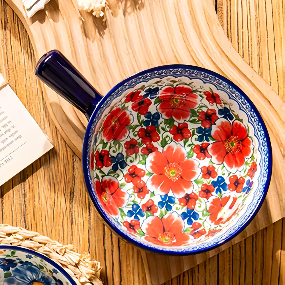 Four-Piece Bohemian-Style Ceramic Bowl Set with Handles in Light Blue, Blue, Red and Yellow