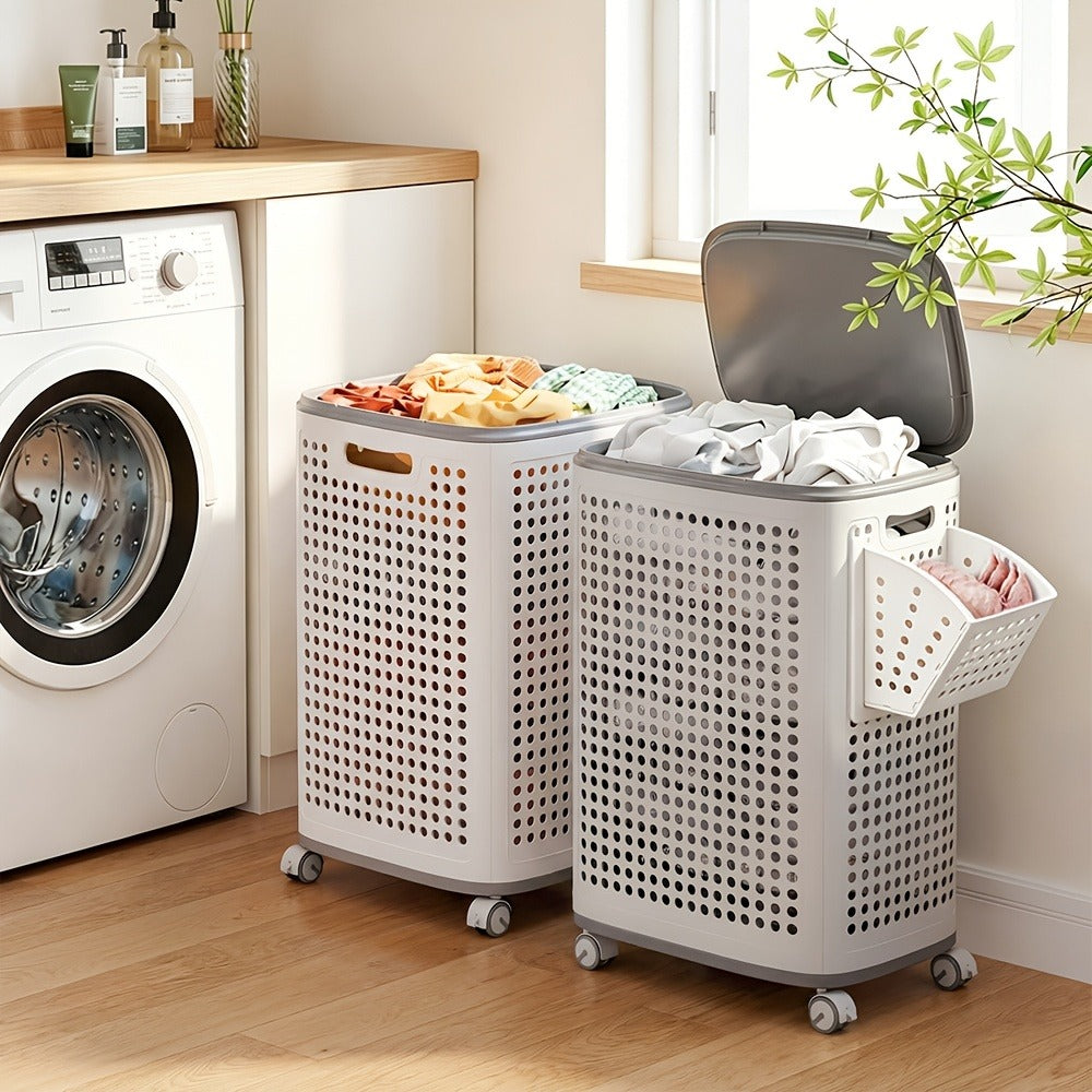 Large Wheeled Laundry Hamper with Foldable Basket, Side Pockets, Lid and Exact Basket-and-Wheels Option