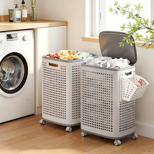 Wheeled Laundry Hamper Large Foldable with Dividers & Dust-Proof Lid – 360° Breathable Mesh Basket on Wheels, Reinforced Steel Base, Portable Clothes Organizer for Bedroom, Bathroom & Dorm