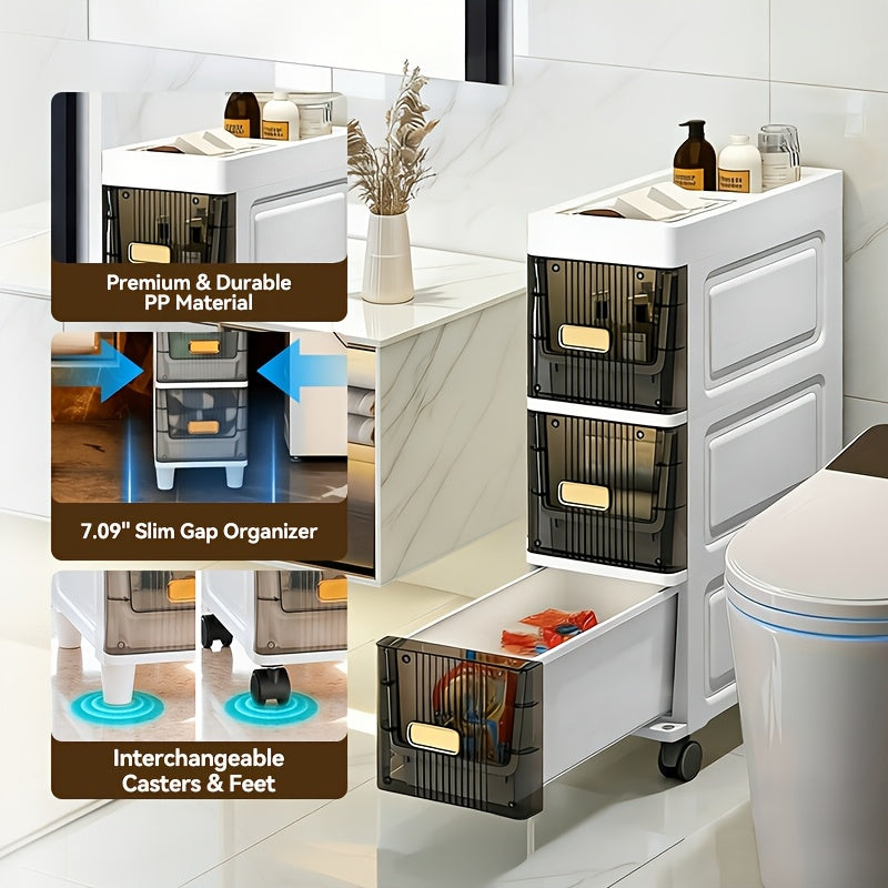 Storage Cabinet Slim PP Drawer Tower with Wheels, Pull-Out Bins and Three, Four or Five Layers