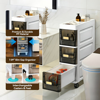 Storage Cabinet Slim PP Drawer Tower with Wheels, Pull-Out Bins and Three, Four or Five Layers