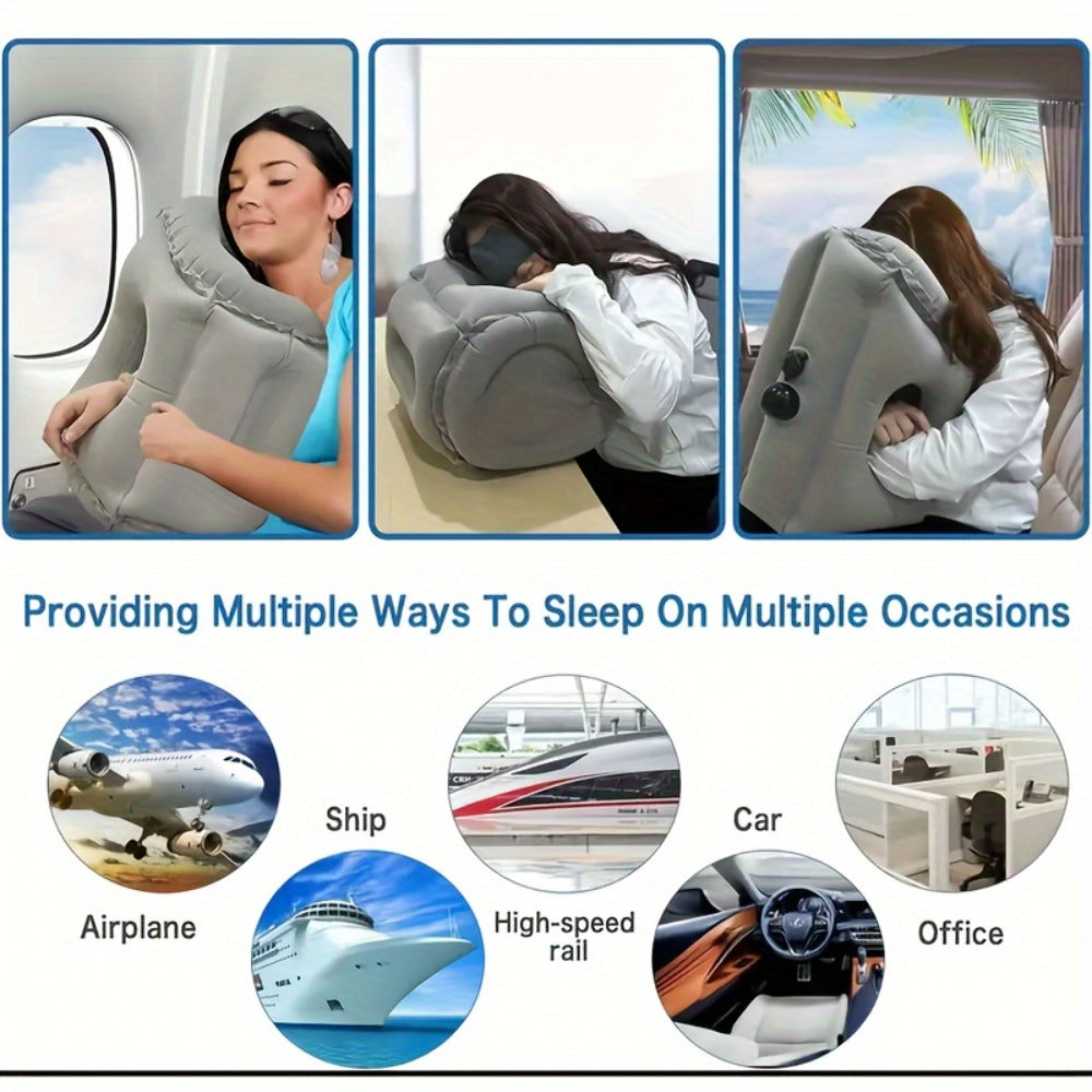 Grey Inflatable Forward-Leaning Travel Pillow with Face Opening, Arm Access, Carry Case and 37 × 32 × 26 cm Label