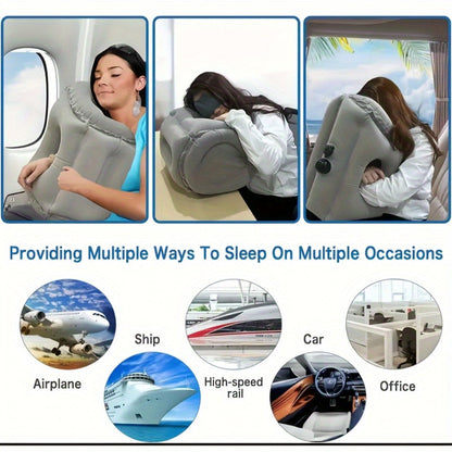Grey Inflatable Forward-Leaning Travel Pillow with Face Opening, Arm Access, Carry Case and 37 × 32 × 26 cm Label