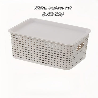 Flip-Top Lid Storage Baskets Set of 8 in White for Desktop, Documents and Shelf Organization
