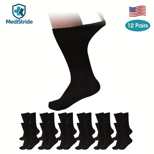 Cotton Diabetic Crew Socks 12 Pairs Non-Binding Neuropathy Loose Fit Seamless Cushioned Full Length for Men Women Edema Sensitive Feet White Black Brown Khaki Navy Grey