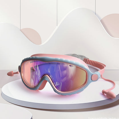 Kids Wide-Lens Swim Goggles with Attached Earplugs, Adjustable Strap and Blue or Pink Frame