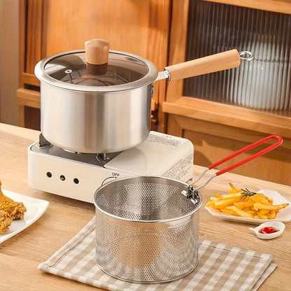 Cookware Set, Four-Piece Stainless Steel Fryer Pot with 7.87-Inch Glass Lid, Basket Rack, Tongs and Wood-Look Handle