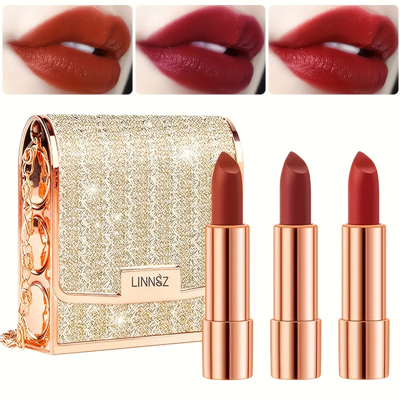 Matte Lipstick Gift Set 3pcs in Silvery Chain Bag Box — Velvet Finish Waterproof Long-Lasting Red Lip Color, Conditioning Formula 3.5g Each, Perfect for Valentine's Day Mother's Day Birthday Holiday