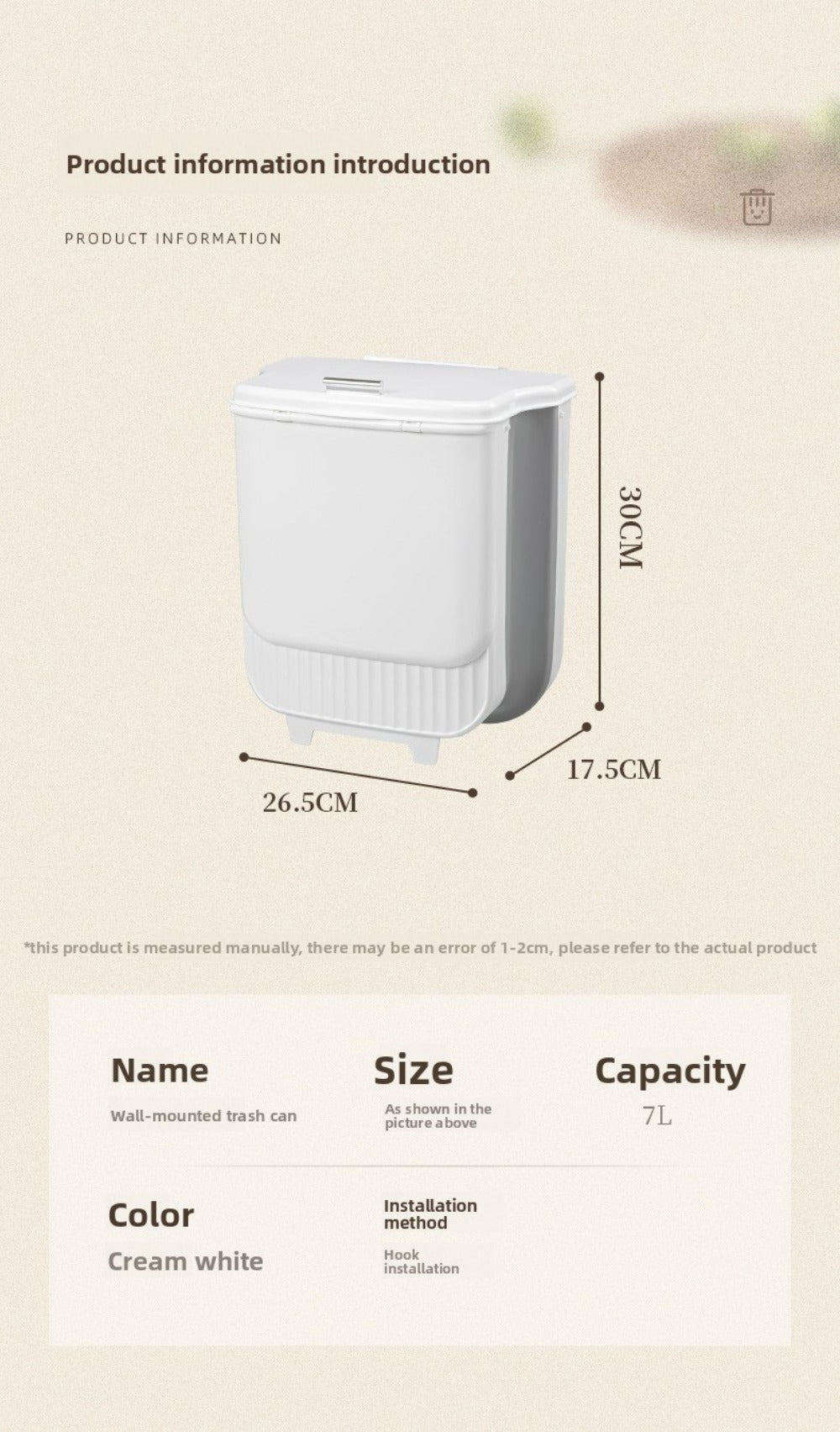 Collapsible 1.85-Gallon Trash Can with Lid for Wall Mount, Cabinet Door Hanging or Floor Placement