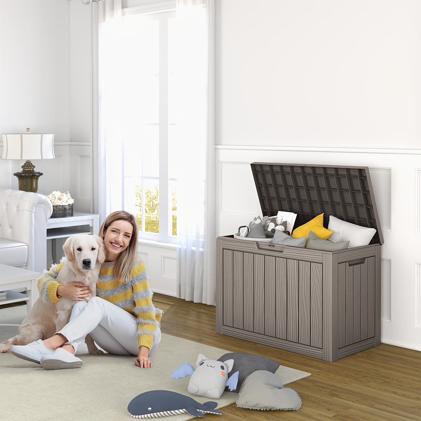Wood-Grain Resin Deck Storage Box with Lockable Lid in Black or Light Brown Finish Options