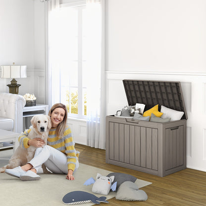 Wood-Grain Resin Deck Storage Box with Lockable Lid in Black or Light Brown Finish Options