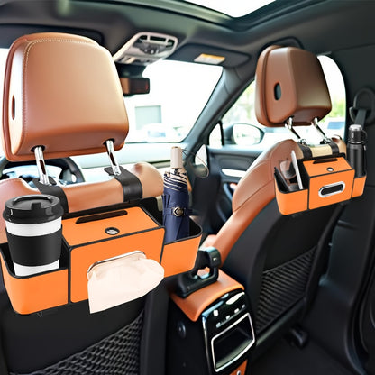 Car Backseat Organizer with Dual Cup Holders, Tissue Box & Hooks – Multi-Function Back Seat Storage for SUV, Sedan & Minivan | Brown, Orange, Black, Cream