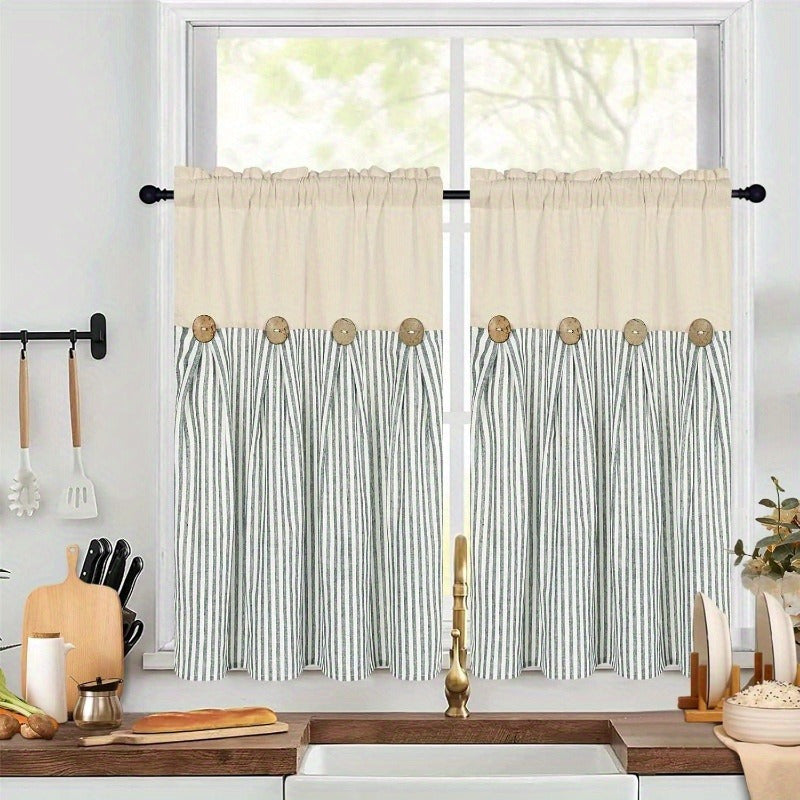 Striped Patchwork Window Curtain Set with Rod-Pocket Top, Six Colors and Five Panel-Count or Size Options