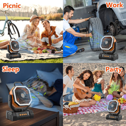 Camping Fan 20000mAh Tabletop and Hanging Fan with 4 Speeds, 13-59 Hour Labeled Runtime, LED Ring and Remote