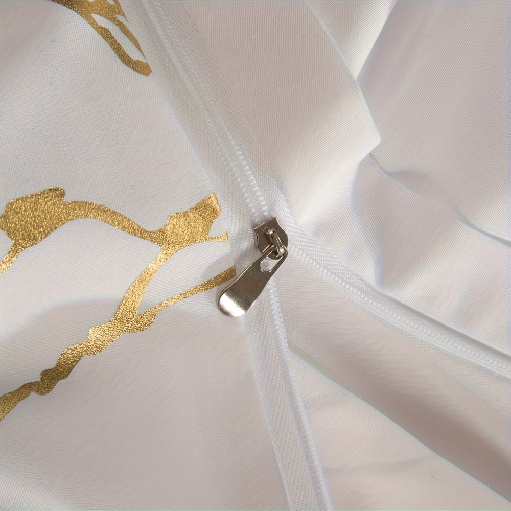 3-Piece Duvet Cover Set with Bronzed-Look Marble Vein Print in White, Khaki or Black and Four Sizes