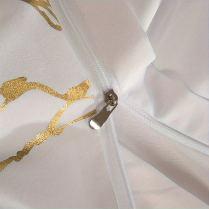 3-Piece Duvet Cover Set with Bronzed-Look Marble Vein Print in White, Khaki or Black and Four Sizes