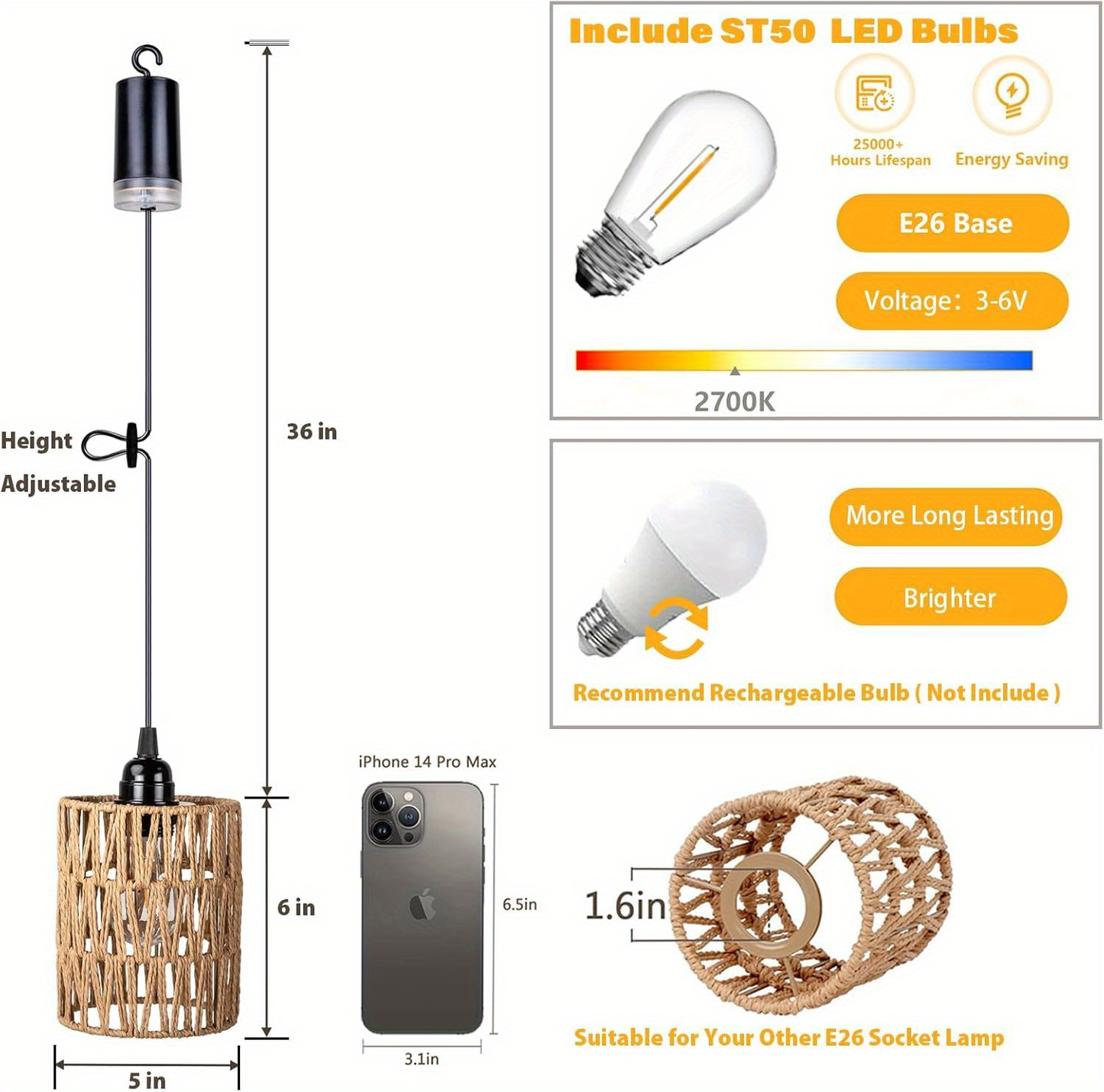 Two-Piece Battery Pendant Light Set with Woven Shades, Remote Controls and Adjustable Hanging Cords