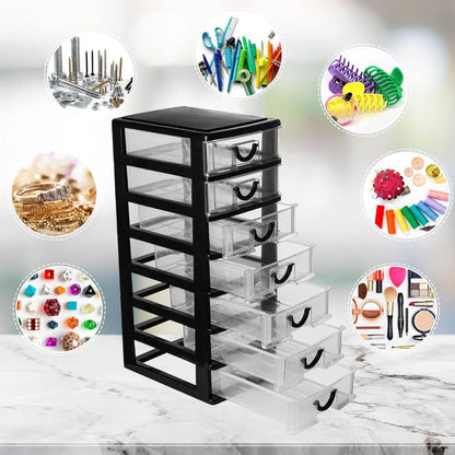 Seven-Drawer Desktop Organizer in Black or White, One- or Two-Piece Set with Clear Front Drawers