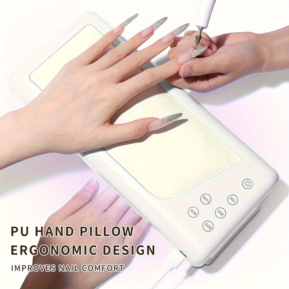 Wide Rectangular Hand-Pillow LED Nail Lamp with 28 x 13cm Base, Five Timer Settings and White Finish