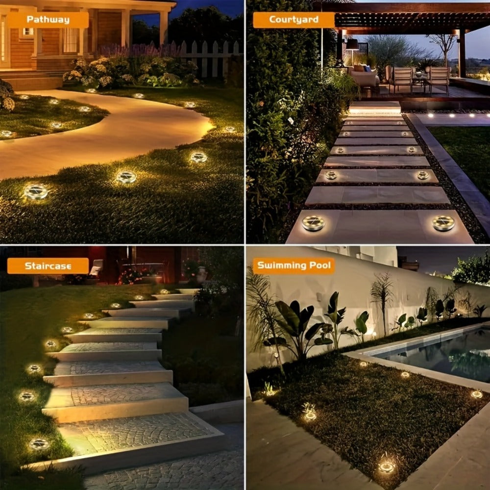 Solar Garden Light Ground Discs 8-Pack with 8 LEDs Each, Touch Dimming and Warm or Cool White Options