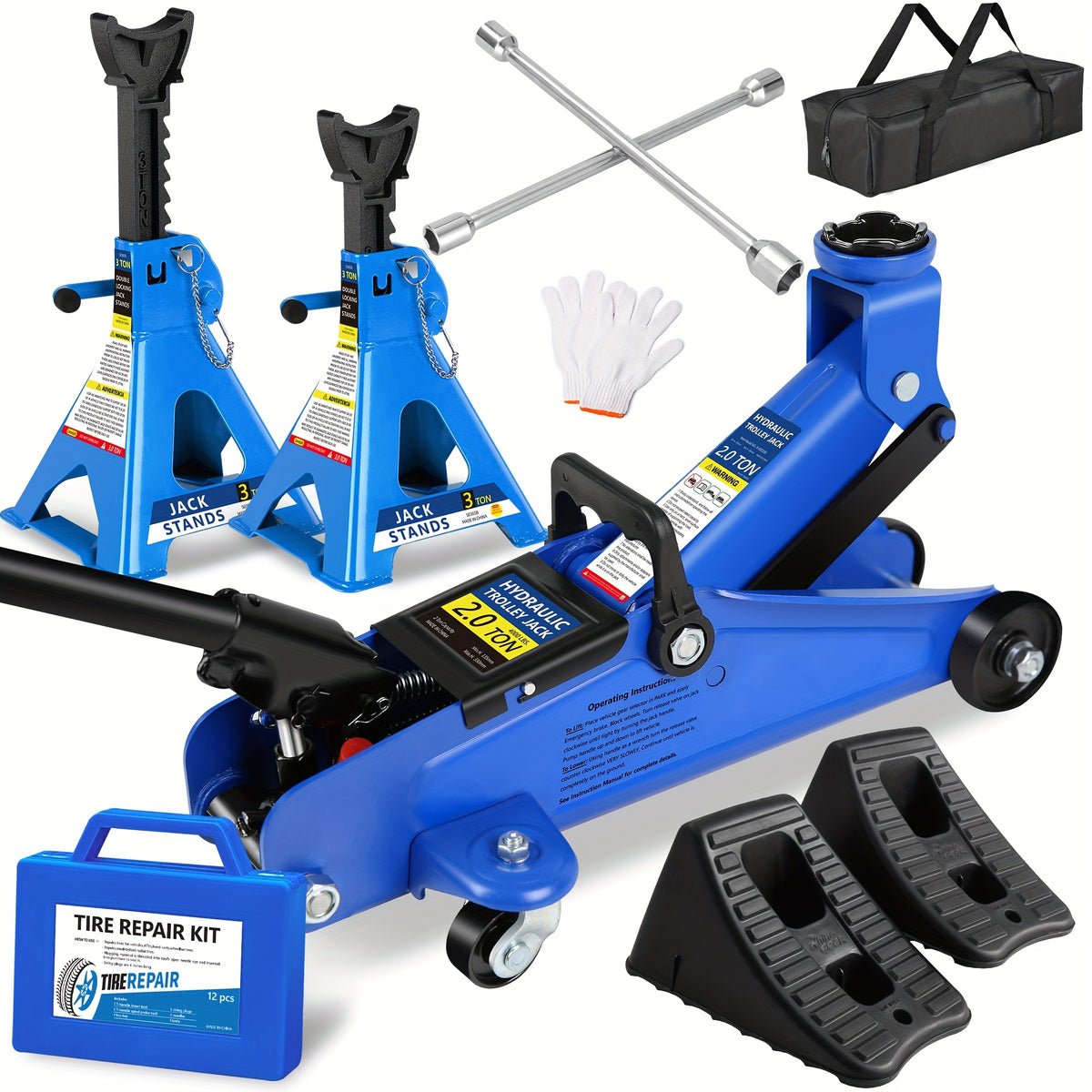 Hydraulic Floor Jack Kit 2/2.5/3 Ton Low Profile Trolley Jack with Jack Stands, Tire Repair Kit, Wheel Wrench & Wheel Chock Combo - Red/Blue