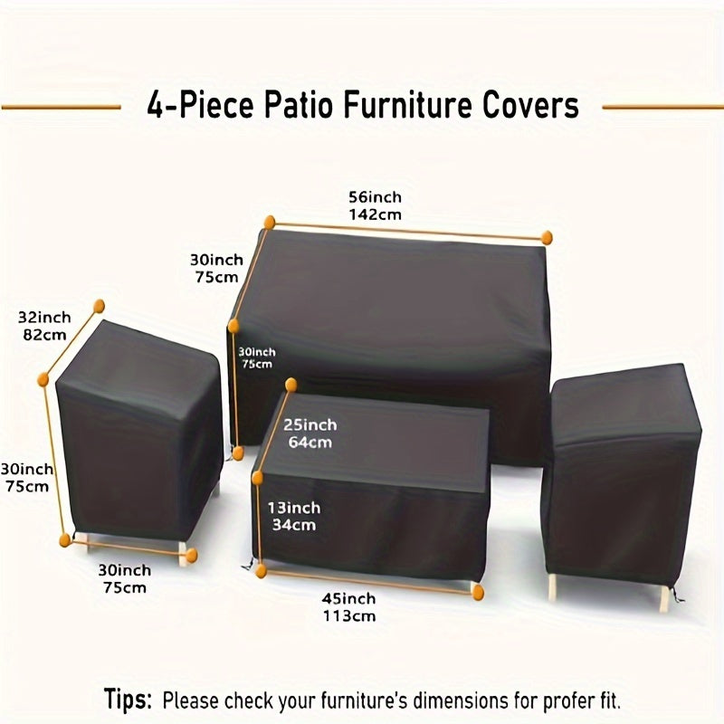 Four-Piece Black Patio Furniture Cover Set for Loveseat, Two Chairs and Coffee Table with Listed Dimensions