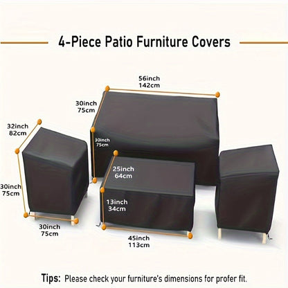 Four-Piece Black Patio Furniture Cover Set for Loveseat, Two Chairs and Coffee Table with Listed Dimensions