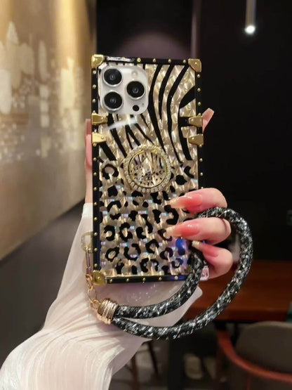 Leopard Print iPhone Case with Ring Buckle Stand Anti-Drop Fashion Rectangular Cover for iPhone 16 Pro Max 15 Pro Max 15 Plus 14 Pro Max 13 Pro Max 12 Pro Max – Trendy Women Girls Kickstand Phone Case