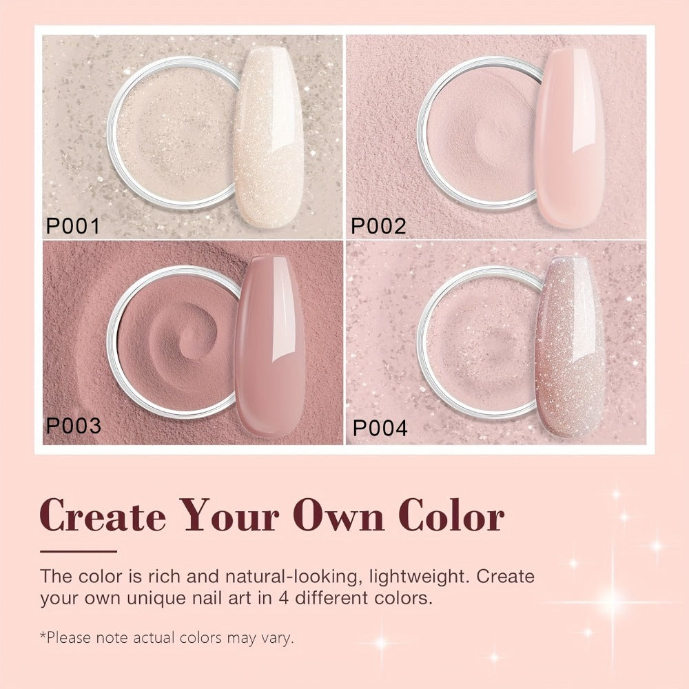 Dip Powder Nail Kit with YANYILIKE Label, Four Nude Shimmer Powders, Three 10ml Liquids and Four Tools