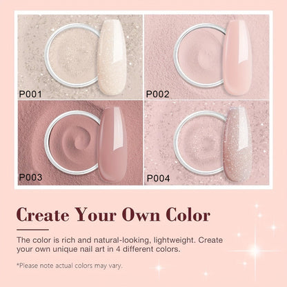 Dip Powder Nail Kit with YANYILIKE Label, Four Nude Shimmer Powders, Three 10ml Liquids and Four Tools