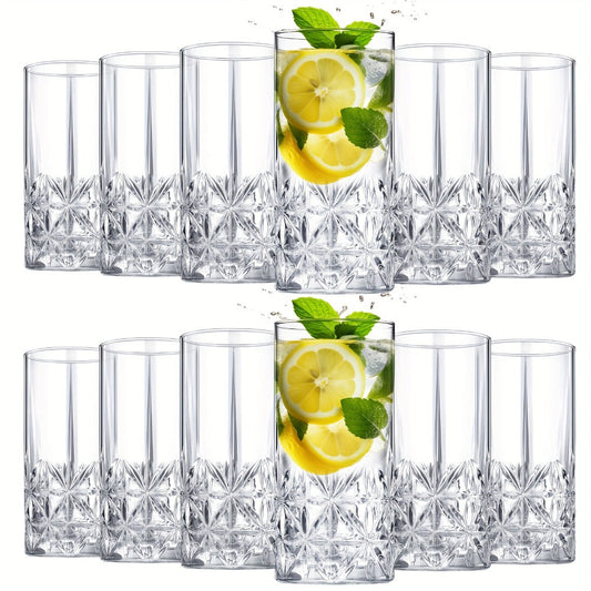 Highball Glasses Set of 12 - 12oz Crystal Clear Vintage Textured Tall Drinking Glasses, Dishwasher Safe Designer Glassware for Cocktail, Tea, Water, Beer & Soda