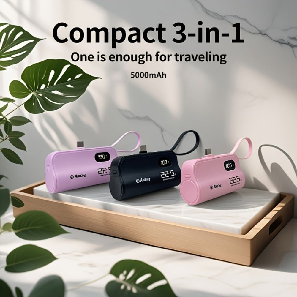 Mini Capsule Power Bank 5000mAh 22.5W Fast Charging Portable Charger Dual USB-C USB-A Pocket Sized for iPhone Android Samsung Travel Everyday Carry Black Pink Purple