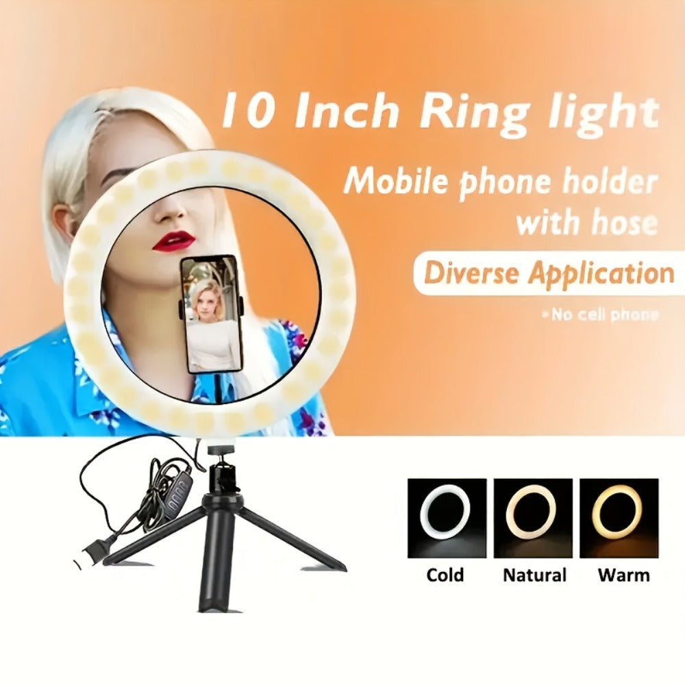 10-Inch Ring Light with Inline Cable Controls, Phone Holder and Desktop Bracket or Mini Tripod Options