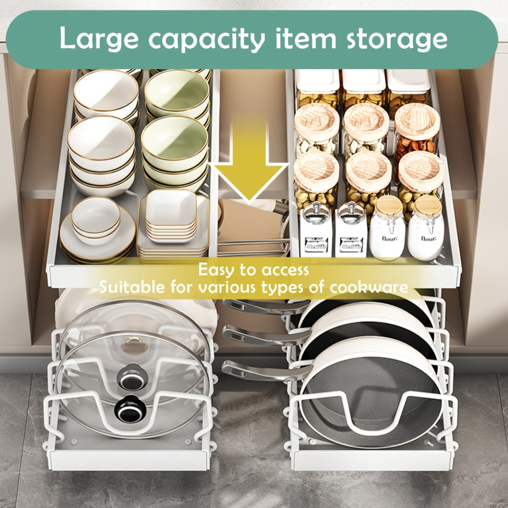 Two-Piece Pull-Out Cabinet Organizer for Pot Lids and Cookware with Removable Dividers in Black or White